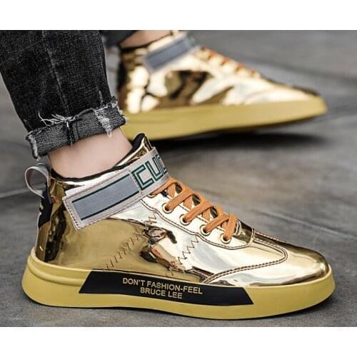 2021 New Shiny Gold Men Glitter Shoes High Top Fashion Men Designer Trainers Non-Slip Mirros Mens Leather Unisex