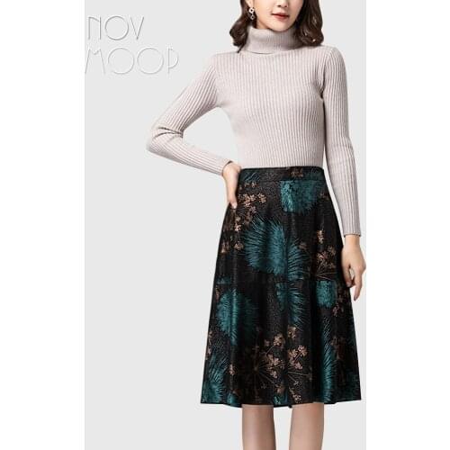 Novmoop printed sheepskin genuine leather women flare skirt elegant formal style office lady party wear Falda de cuero LT3424