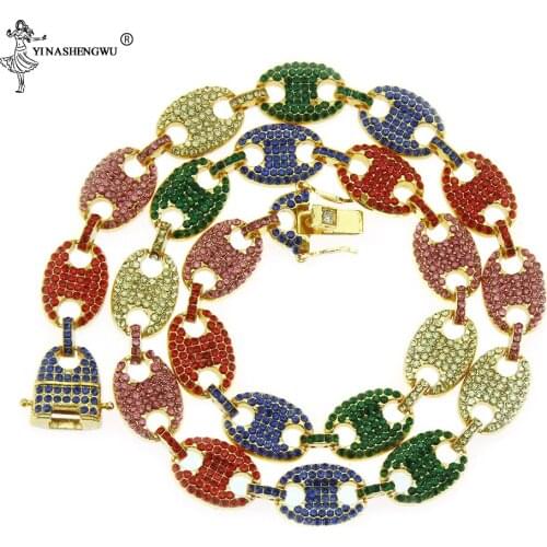 Hip Hop Iced Out CZ Multi-Colors Coffee Bean Pig Nose Alloy Rhinestone Necklace Charm Link Chain Men Necklaces Collares Jewelry