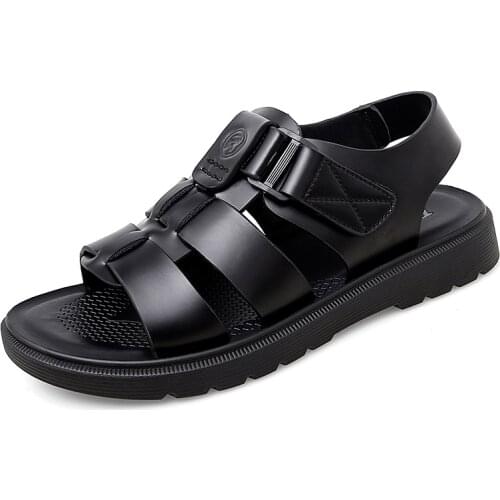 2021 New Arrivals Mens Genuine Leather Trendy Casual Sandals Outdoor Open Toe Hollow Out Velcro Summer Comfort Mens Slippers