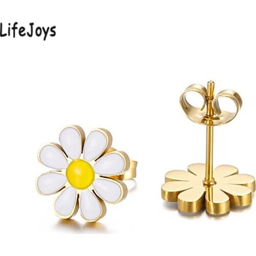 Stainless Steel Daisy Earrings Cute Sunflower Stud Earrings Girl Jewelry White Enamel Ear Studs Gold Color Fresh Lovely Quality