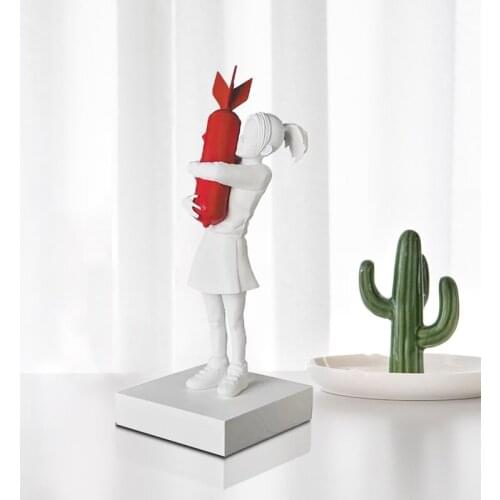 Modern Bomb Hugger Banksy Sculpture Bomb Girl Street Art Resin Statue Creative Home Desktop Decor Gifts 32CM White/ Black Statue