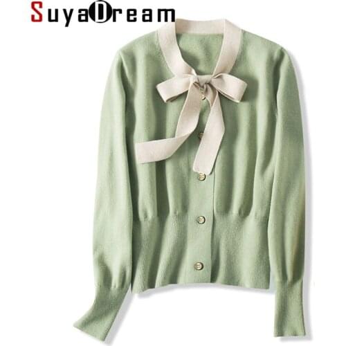 SuyaDream Bow Collar Women Cardigans Single Breasted Casual Solid Sweaters 2019 Autumn Winter Knit wear