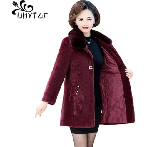 UHYTGF Mother Autumn Winter Woolen Coat Quality Mink Fleece Casual Warm Womens Jacket Fashion Fur Collar Plus Size Clothes 1357
