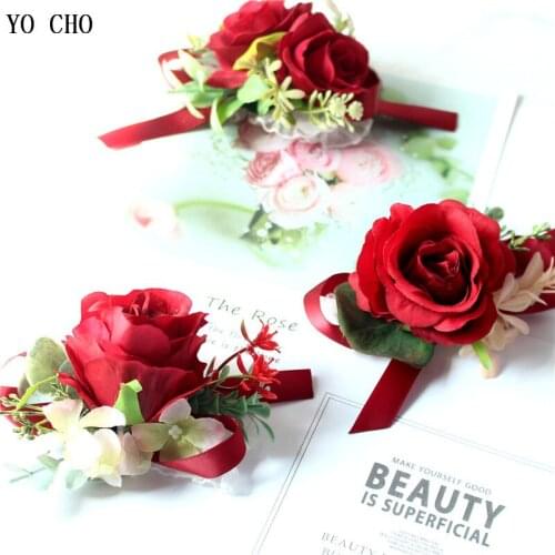 YO CHO Wedding Silk Flower Corsage Bracelet Artificial Flower Groom Boutonniere Wedding Women Brooch Flower Marriage Accessories