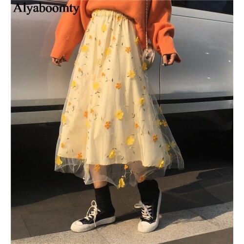 Japanese Mori Girl Spring Summer Women Skirt High Waist Yellow Floral Embroidery Mesh Midi Skirt Elegant Korean Chic Tulle Skirt