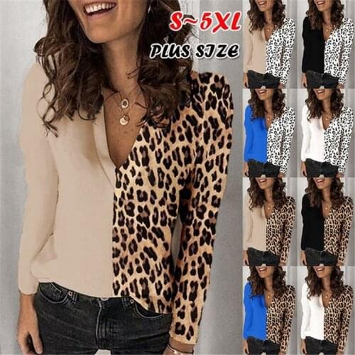 Female Leopard Printed V-Neck Long Sleeve T-Shirt Top Chiffon shirts Tops fashion thirts Tees clothing for women Plus Size 5XL