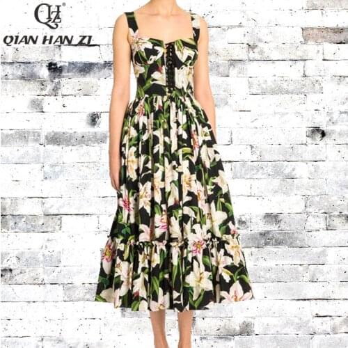 Qian Han Zi Designer Fashion summer dress 2020 Womens Sexy Spaghetti Strap lily Print vintage Slim Party Midi Dress