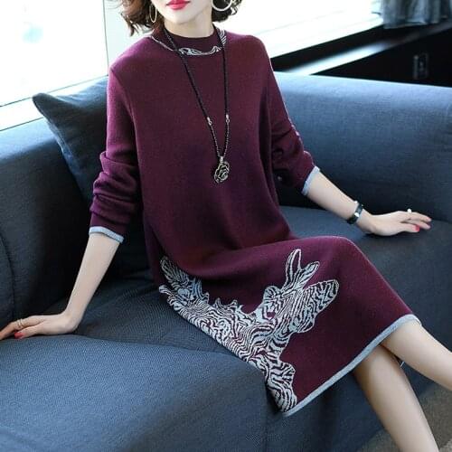 Women Winter Floral Weater Dress Turtleneck Long Sleeve Elegant Knitted Dresses Vintage Autumn Lady Loose Casual Dress A-Line