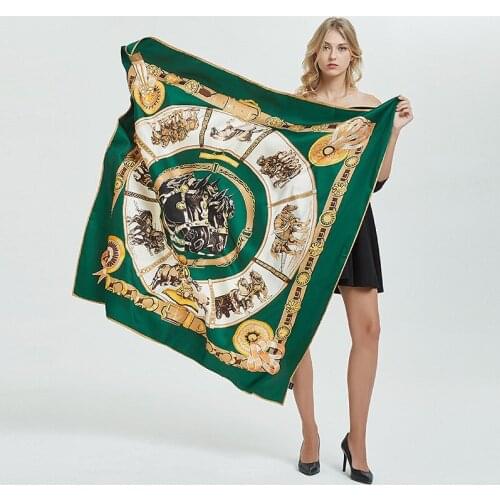 Big Satin Square Silk Scarf for Women Elegant Ladies Summer Wrap Chiffon Shawl Floral Chain Printing Fashion Scarves