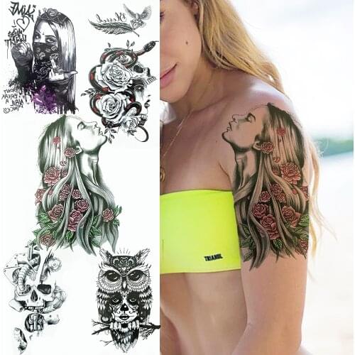 Black Long Hair Beautiful Lady Temporary Tattoos For Women Watercolor Flower Tattoos Sticker Body Art Illustration Fake Tattoo