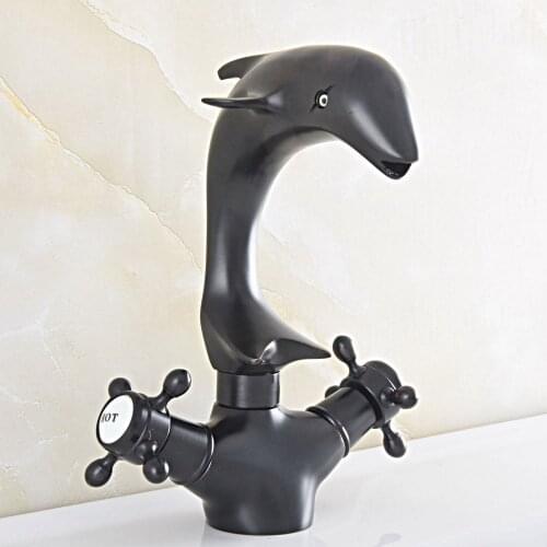 Black Oil Rubbed Bronze Swivel Spout Dual Cross Handles Cute Animal Dolphin Style Bathroom Kitchen Sink Faucet Mixer Tap asf847