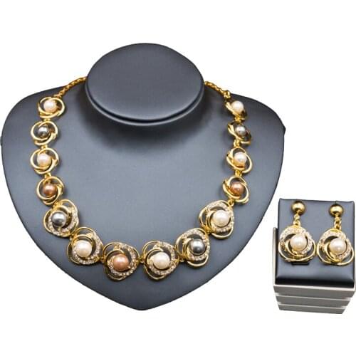 Colours Simulated Pearl Rose Jewelry Set Inlay Zircon Women Gorgeous Bridal Jewelry Gold Color Necklace Stud Earring Wholesale