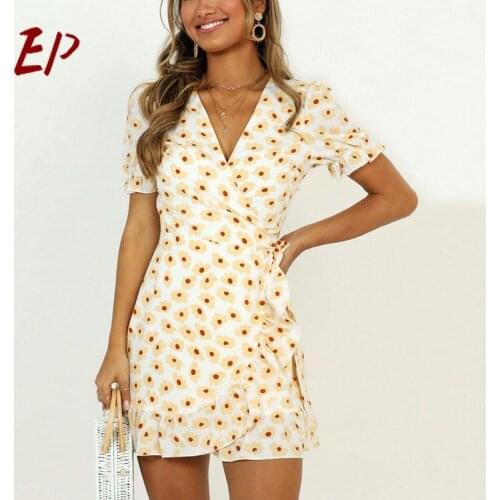 EP 2020 Summer Yellow Short Sleeve Bodycon Dress A-Line Print Cascading Ruffle V-Neck Casual Dresses For Women