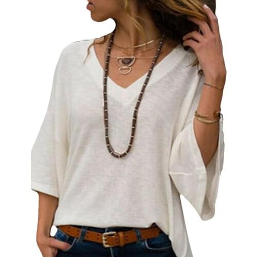 Fashion Women Solid Color V Neck 3/4 Sleeve Sexy Loose T-Shirt Knitwear Knitwear Tees Shirts For Women T-Shirts Plus Size