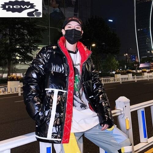 High Street Loose Fit Mens Bright Overcoat Winter Hip Hop Coat Thick Warm Parka Man Outwear 2021 Stand Collar Windproof Parkas