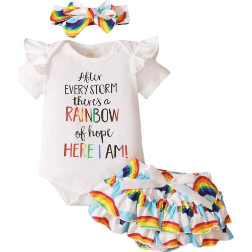 Baby Girls Clothes Set Letter Print Short Sleeve O-neck Romper Rainbow Skirt Bow-knot Headband