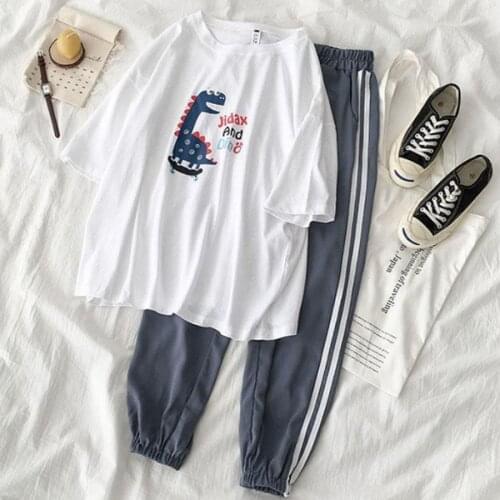 Summer Nightgown Womens Cute Two Pieces Home Suit Long Pant+Shirt Female Pattern White Casual Homewear Sleepwear Sport Set