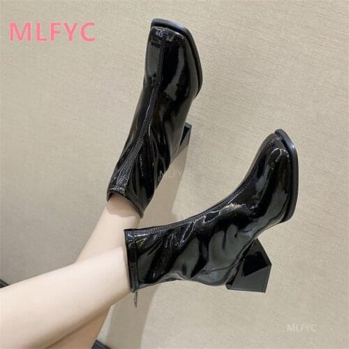 2021 winter new skinny fashion Martin short boots womens thick heel square toe stretch boots patent leather high-heeled boots
