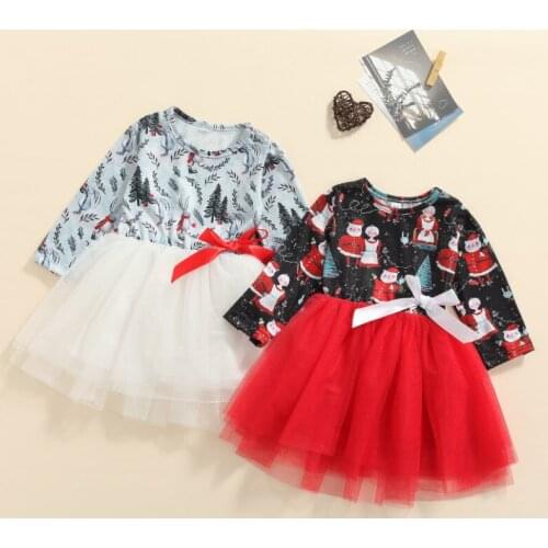 Infant Christmas Tulle Dress, Girls Cartoon Print Long Sleeve Round Neck Dress with Bow Spring Autumn