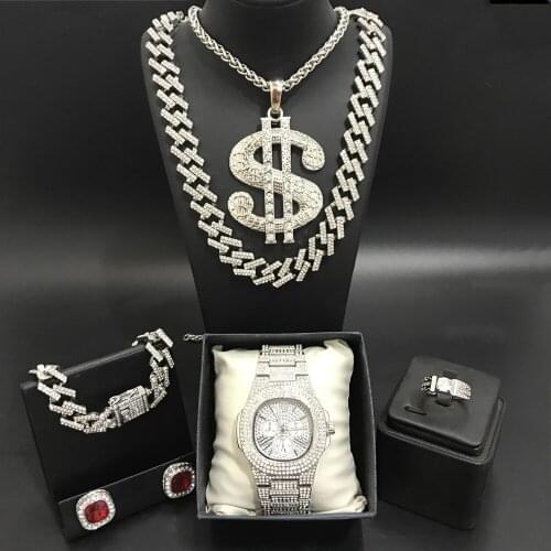 Luxury Men Silver Color Watch & Necakcle & Braclete & Ring & Earrings Combo Watch Set In Crystal Hip Hop Neckalce Chain For Men