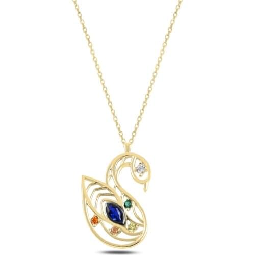 Silver 925 Sterling Swan Colorful Zircon Stone Necklace