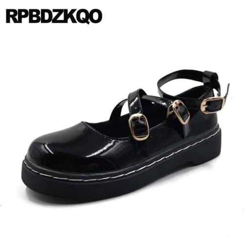 Chinese flats ankle strap japanese school shallow black round toe designer women cheap shoes china ladies patent leather 2019