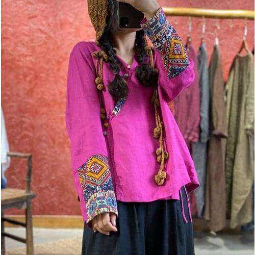 Women Retro Patchwork Loose Blouse Ladies V neck National Style Shirt Tops Female Spliced Blouses Spring Autumn