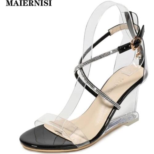 MAIERNISI 2021 Summer New Women Pumps Round Head Rhinestone Wedge Sandals Roman Strap Fairy Transparent High Heels Big Size 41