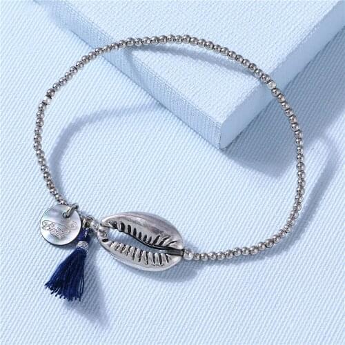 Shell Bracelet Women Alloy Bead Elastic Line Cotton Tassel Natural Shell Pendant Handmade Charming Bracelet Wholesale