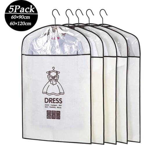 5Pcs/Set Closet Hanging Clothes Dust Cover Waterproof Garment Bag Wardrobe Suit Coat Dress Organizer