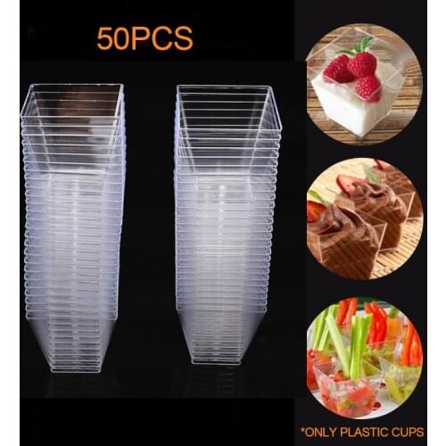 50Pcs 2oz/60ml Mini Square Dessert Cup Cube Plastic Sample Dish Cake Jelly Pudding Cups Party Kitchen Accessories