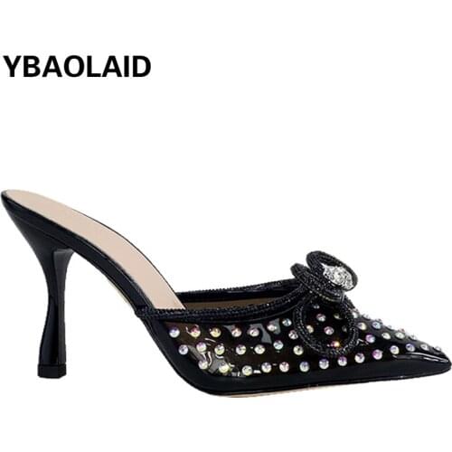New Outer Wear Pointed Flashing Diamond Bow Slippers Color Matching Baotou Flowers Rhinestone Wine Glass High-heeled Sandals