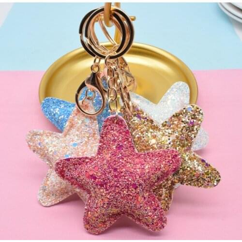 Cute sequined love star keychain ladies five pointed star shiny bright gold powder PU leather key ring girl car accessory pendan