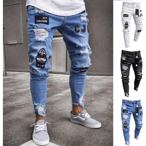 Men Pants Badge Ripped Hole Pockets Skinny Jeans Stretchy Tights Denim Pants Slim Classic Cowboys Man Trousers
