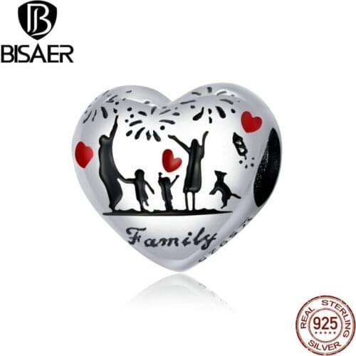 BISAER Thanksgiving Family Heart Beads 925 Sterling Silver Zircon Family Love Charms Pendant Fit DIY Bracelet Necklace Jewelry