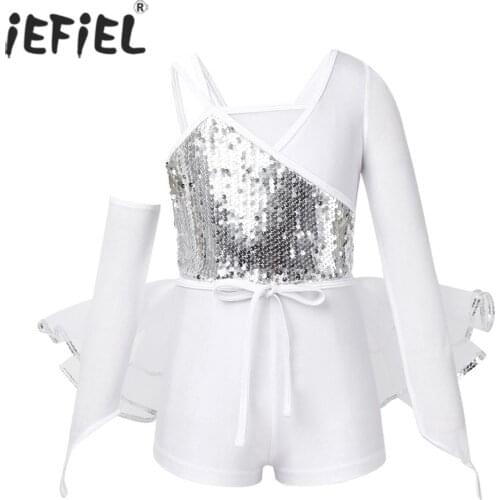 Kids Girls Shiny Sequins Ballet Contemporary Dance Costume Gymnastics Leotard Shorty Unitard with One Arm Sleeve Mesh Tutu Skirt