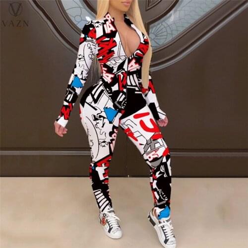 VAZN 2021 Autumn Fancy Regular Casual Jumpsuits Full Sleeve Soft Elastic Women Skinny High Waist Pencil Jumpsuits