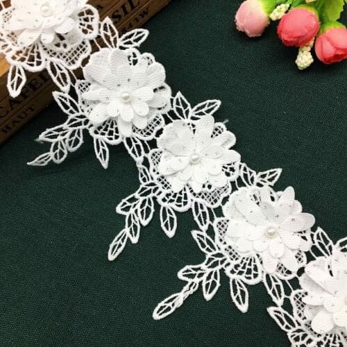 1 yard Cotton Pearl Flowers Leaf Embroidered Lace Trim Ribbon Fabric Crochet Dress Sewing Supplies Craft For Garment Decoration