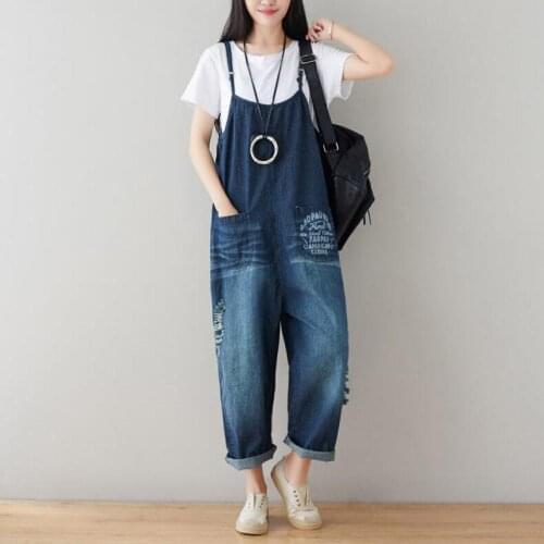 Denim Fabric Hole Print Rompers Autumn Overalls Women Jumpsuits Big Size Bib Pants Women Overalls Female Rompers