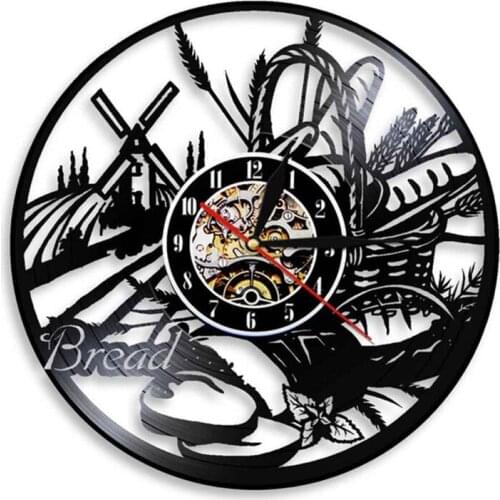 Bread Wheat Wall Art Wall Clock Bakery Sign Wall Decor Pastry Vinyl Record Wall Clock Kitchen Decorative Clock Modern Design