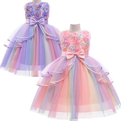 2021 New girl European Fashion Dress Cosplay Flower Ppure Color Bow Rainbow Net Yarn Girl Princess Dress Tutu Performance Dress