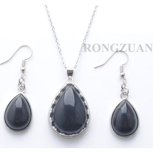 New Design Pendant Necklace Earrings Trendy Silver Plated Jewelry Sets Women Black Agates Water Drop Semi precious Stone TQ3091