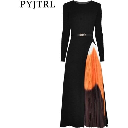 PYJTRL Autumn Winter Women Black Knitting Spliced Orange Print Pleated Casual
