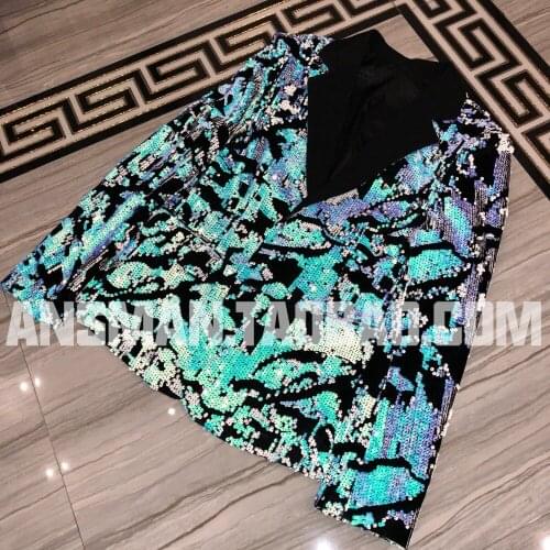 S-6XL!!Nightclub male singer stage performance clothing men dazzle fantasy color blue slim suit host dress men