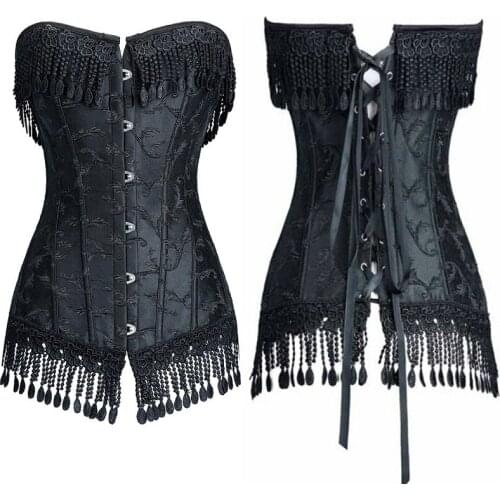 Sexy Gothic Lingerie Bustiers Black White Embroidered Corset Steel Bone Overbust Corset Plus Size Corpete Espartilho with Tassel