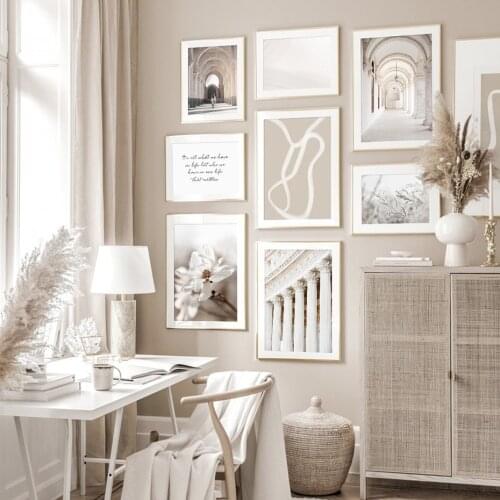 Modern Beige Color Building Floral Wall Art Canvas Painting Poster and Print Pictures for Living Room Interior Home Decoration