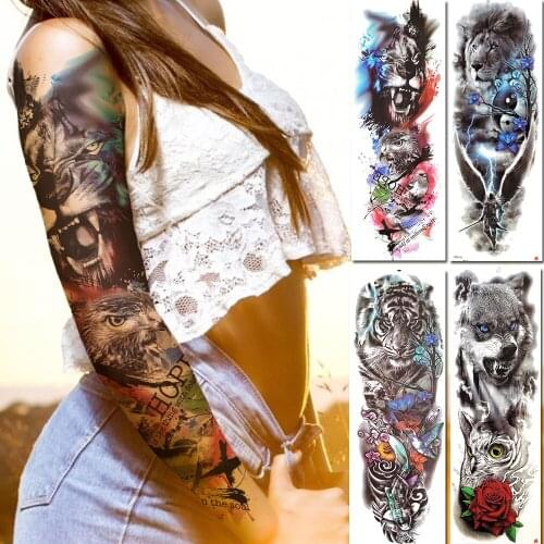 Rejaski Long Watercolor 3D Tiger Lion Full Arm Temporary Tattoos For Men Women Big Body Art Arm Fake Tattoo Paper Girls