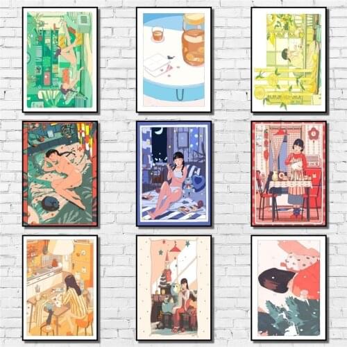 Japanese Manga Gentle Girl Poster Whitepaper Cartoon Poster Art Painting Abstract Fancy Wall Sticker for Coffee House Bar