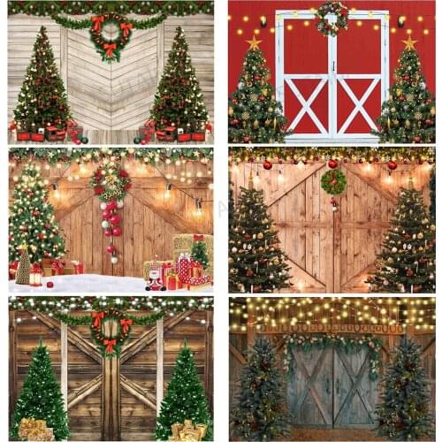 Merry Christmas New Year Backdrop Barn Wood Door Backdrop Family Party Christmas Decoration Background Photography Photo Studio